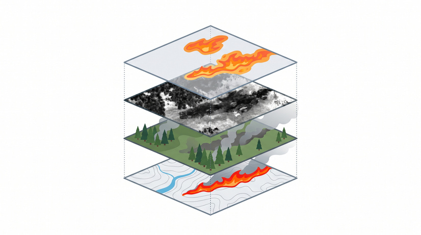 Thermal, near-infrared and RGB imagery combined into a fire map