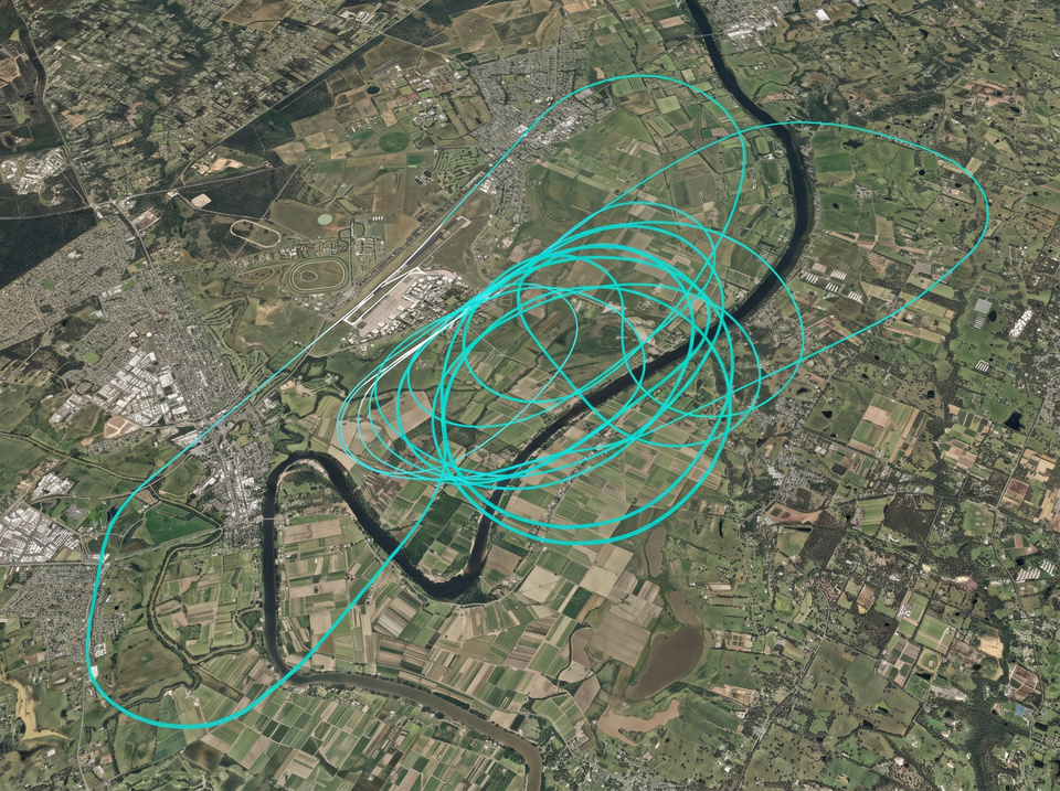 Aircraft orbit tracks over aerial terrain showing flexible mapping flight paths