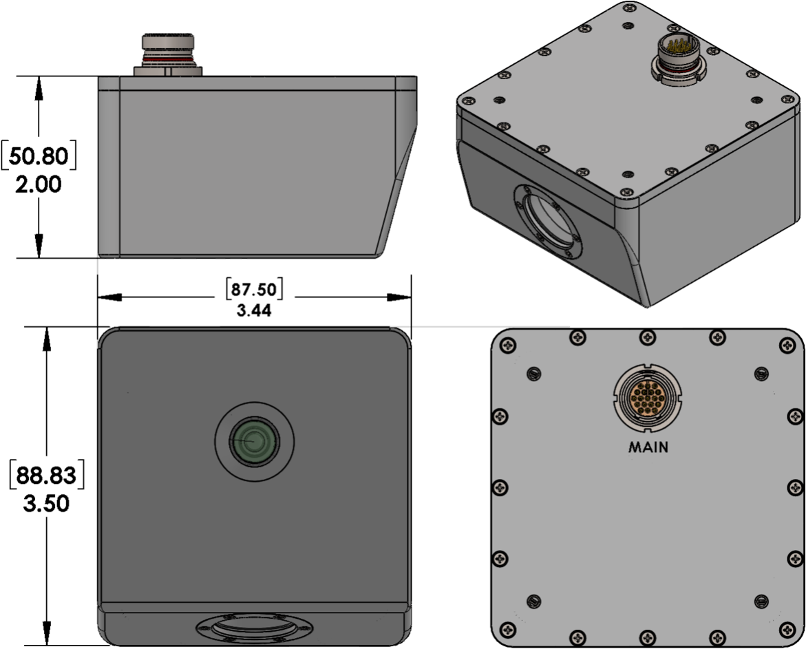 SCC dimensional drawing showing top, front, side and isometric views