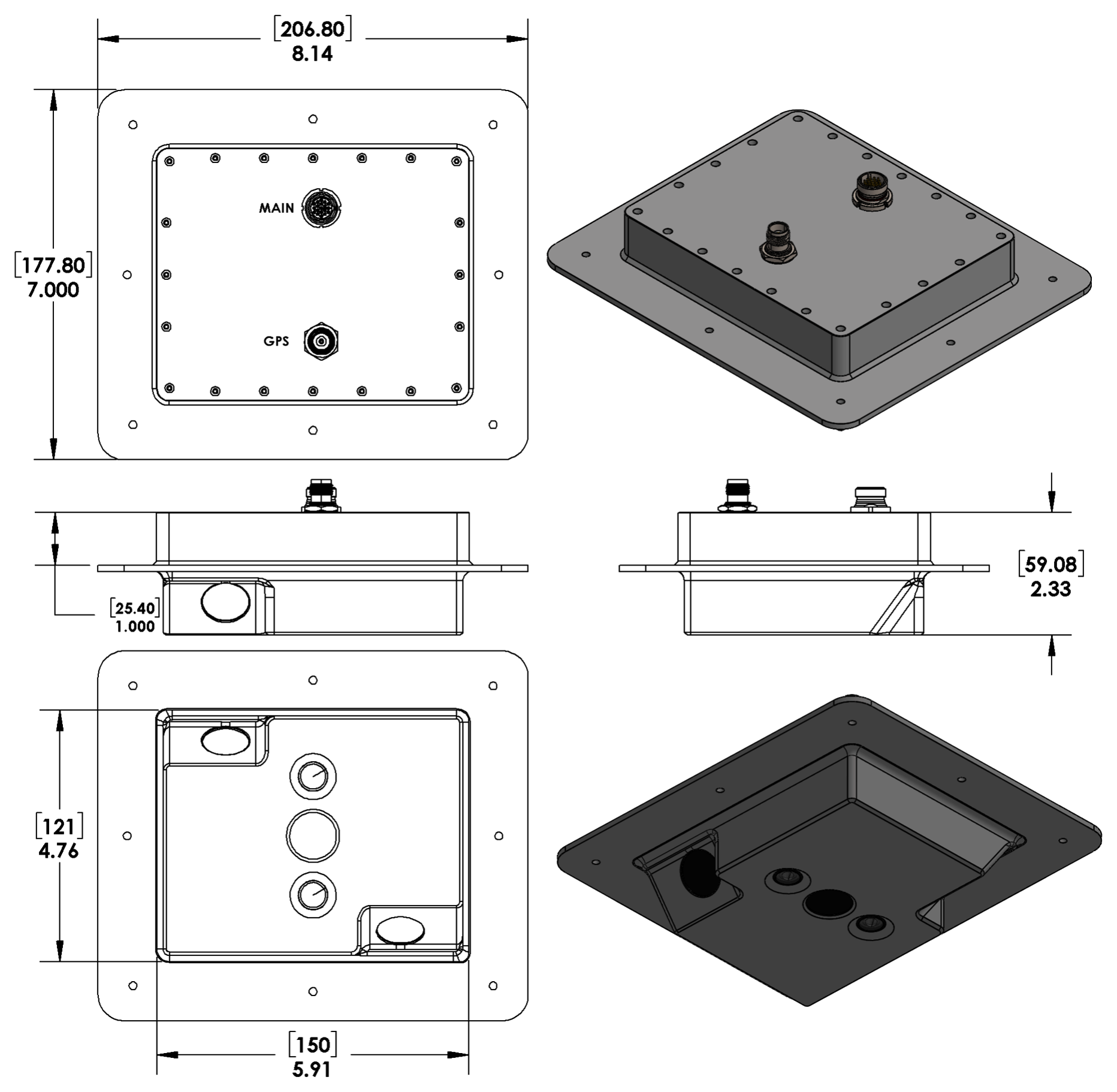 AiO dimensional drawing showing top, side, bottom and isometric views with dimensions